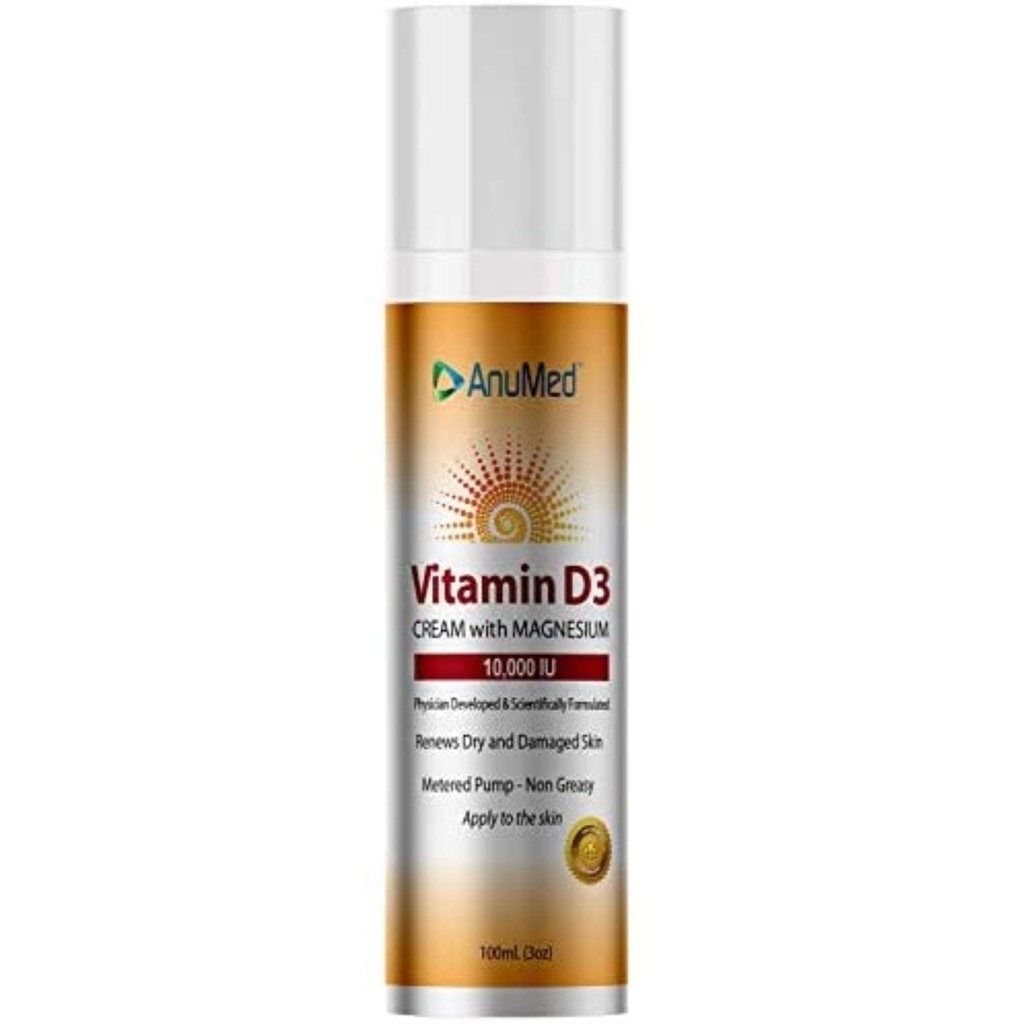 ANUMED - Vitamin D3 10000 IU Cream with Magnesium + Hyaluronic Acid + Vitamin E for Beautiful and Healthy Skin Care. Promotes Stronger Bones, Muscles, Joints, Heart, Immune System, Non-Greasy (3oz)