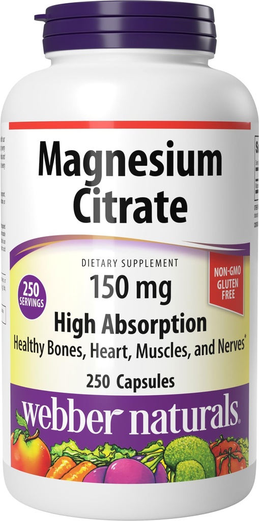 Webber Naturals Magnesium citraat, 150 mg per capsule, 250 capsules, hoge absorptie, helpt ondersteuning van botten, tanden en juiste spier- en hartfunctie, gluten en zuivelvrij