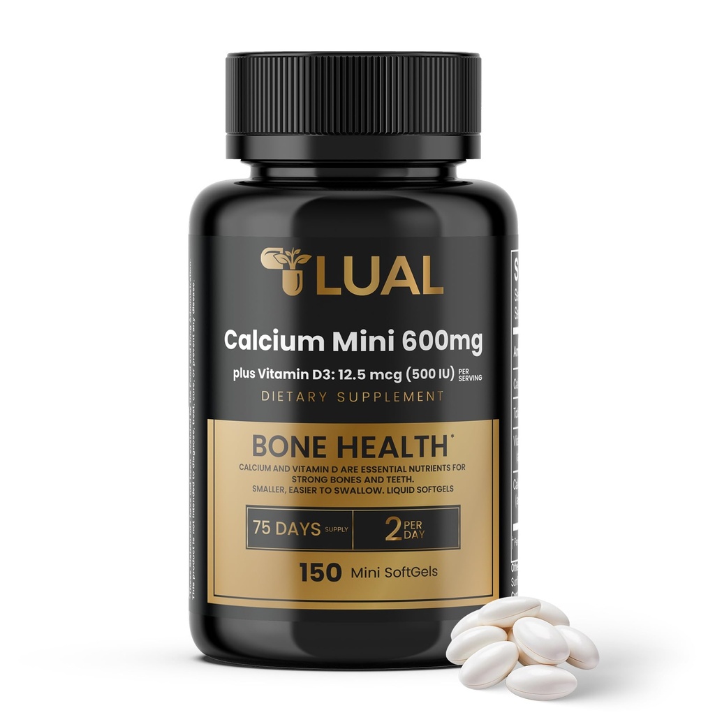 LUAL Calcium Minis 600 mg met vitamine D3 - Bone & Muscle Support - 150 Mini Softgels - Eenvoudig doorslikken - Calcium & D3 voor sterke botten en mobiliteit