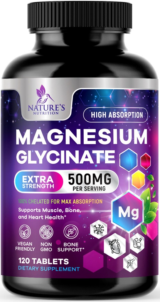 Magnesium Glycinate 500mg - Gecheld voor Ultra Absorptie - Ondersteunt bot, spier, zenuwen & hart gezondheid, natuur's slaapondersteuning, Beste Magnesium Supplement Pillen voor het hele lichaam ondersteuning - 120 tabletten