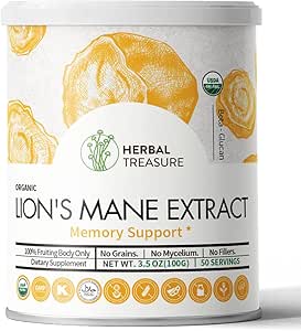 Biologische Lions Mane, Non-GMO en Glutenvrije Lions Mane, Neuronale Groei en Immuun Systeem, Paddestoelpoeder voor Geheugen Ondersteuning, Concentratie, Helderheid, Creativiteit en Mood-50 Serveren