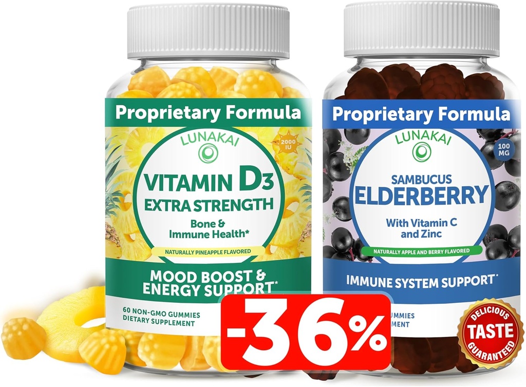 Lunakai Vitamine D3 en Vlierbessen Gummies Bundle - Immuniteit, Bone en Mood Ondersteuningssupplement voor volwassenen & Kids - Niet GMO, Geen maïs Siroop, Alle natuurlijke Gummy