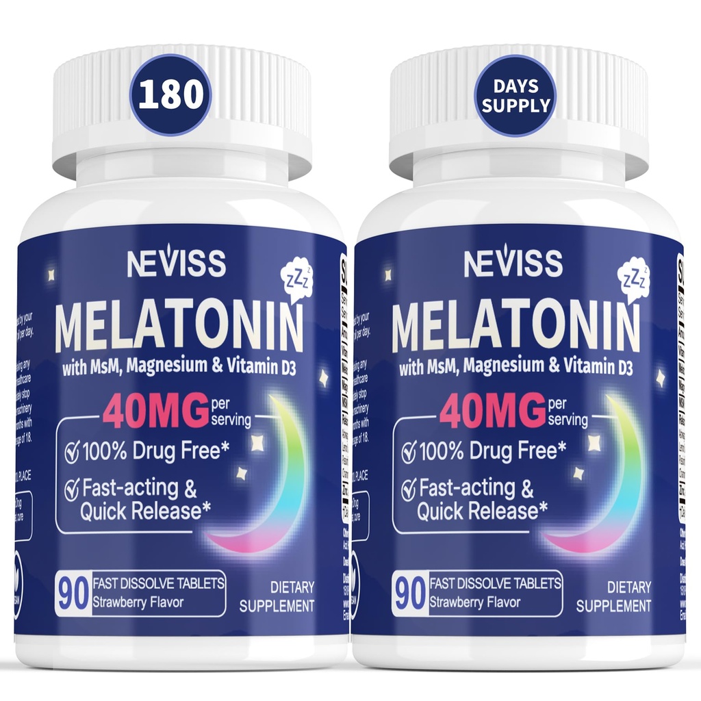 Melatonine 40 mg voor volwassenen - Snel oplossen en kauwen Sublingual Sleep Supplement - Extra sterkte Melatonine met vitamine D3 & MSM, Selenium voor gezondheidsrestcyclus, Deep Zzzs, Sugar-Free, 180 porties