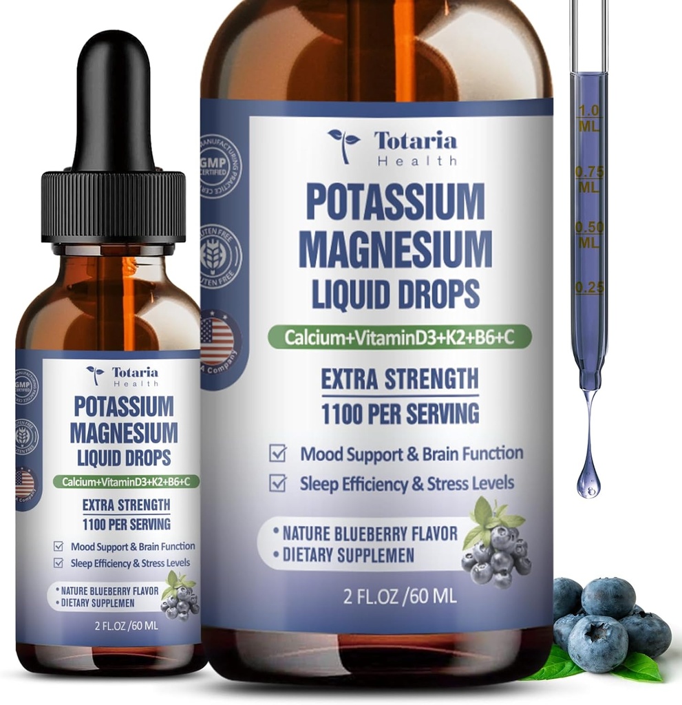 (2 verpakkingen) Kalium Magnesium Supplement Liquid Drops - 200mg Kalium & 600mg Triple Complex Magnesium Glycinate Liquid Citrate Oil Hoge Absorptie Potasio Ondersteuning bot, spier, been Krampen