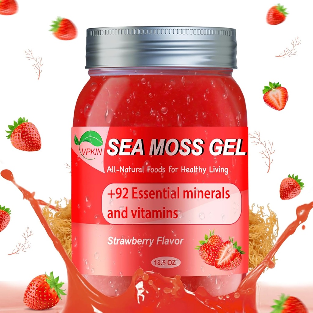 Sea Moss Gel,Organic Raw Irish Seamoss Gel Advanced Superfood,Immune and Digestive Support,Vitamine and Minerals Supplement(Strawberry,18.5OZ)