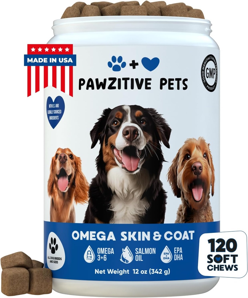 Skin & Coat Supplement voor honden - Canine Omega 3, Visolie Kauwen - 120 Zachte Treats - USA Product - Zalmolie