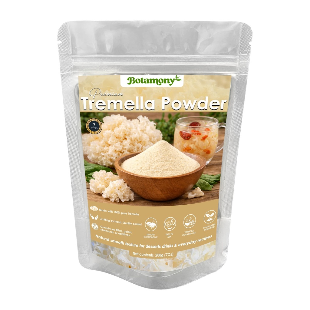 BOTAMONY 7Oz Tremella Mushroom Powder, Snow Fungus Powder, White Fungus Food Ingredient for Cooking Dessert Soup Smoothie Tea, Chinese Asian Culinary, Vegan Plant Based