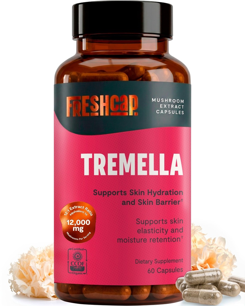 FreshCap Mushrooms Premium Organic Tremella Supplement Capsules - 12:1 Fruiting Body Extract with 40% Beta-Glucans - 3rd-Party Tested - Helps Retain Moisture and Supports Radiant Skin (60 Capsules)