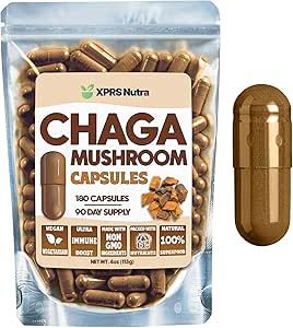 XPRS Nutra Chaga Mushroom Capsules - Premium USDA Chaga Mushrooms Capsules- Poudre de champignons encapsulés de Chaga pour un rappel d'immunité - Vegan Friendly Superfood pour le thé et les boissons de Chaga - 180 Compte