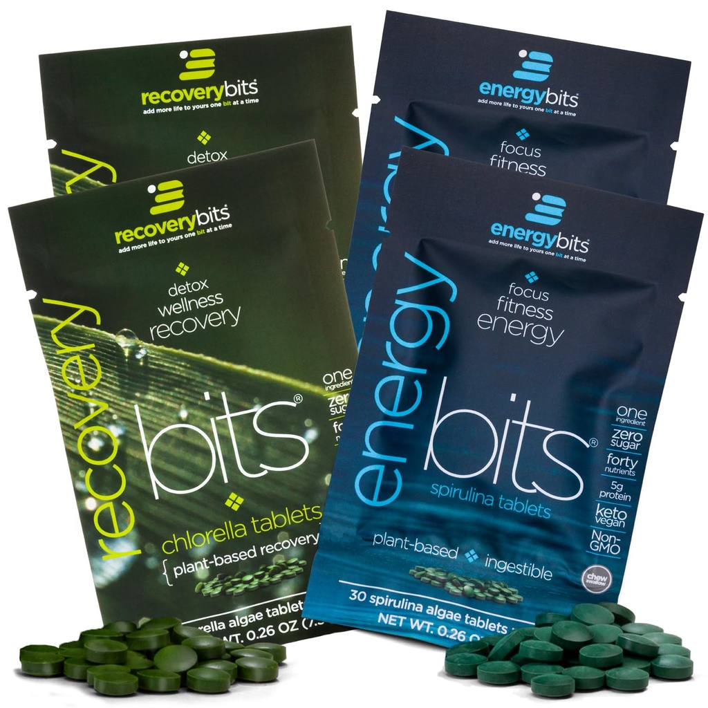 ENERGIEbits/RECOVERYbits - Organische Spirulina & Chlorella Tablets - Single Serving Sample Packs - Algen Superfood - High Protein, Chlorofyl - Self Care - Vegan, Keto, Glutenvrij - 4 Bags, 30/Bag