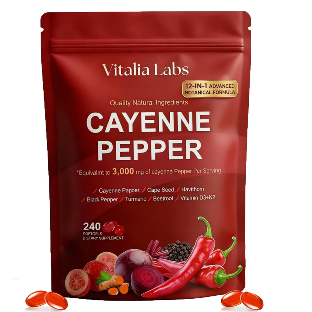 Vitalia Cayenne Pepper Softgels,Vitalia Cayenne Pepper Capsules,with Vitamins D3, K2 & E,Supports Daily Energy,Vegan,Non-GMO,240 Capsules