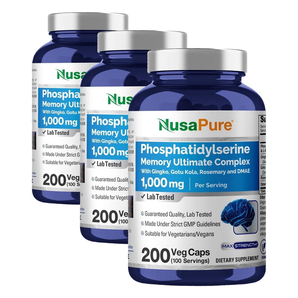NusaPure Phosphatidylserine Memory Ultimate Complex 1000mg 200 Vegetarian Caps (Vegan, Non-GMO) (Pack of 3)
