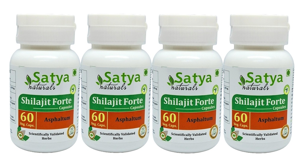 Shilajit Forte Capsules 500 mg. 60 Veg. Capsule | Shilajit (Asphaltum) Extract Capsules for Men and Women | Ayurvedic Herbal Supplement/Remedies | 10:1 Forte (4 Bottles of 60 Capsules)