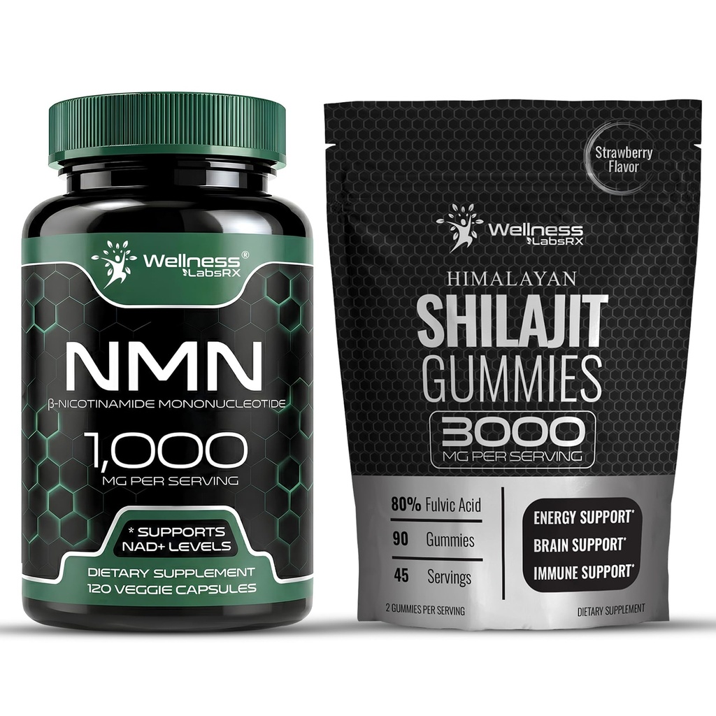 WELLNESS LABSRX NMN Capsules and Shilajit Gummies Bundle, 2 Piece Set | 1000mg Nicotinamide Mononucleotide with Himalayan Fulvic Acid Chewables, Energy & Immune