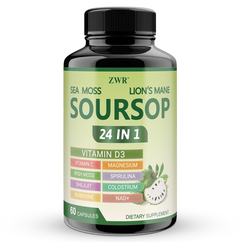 Soursop Capsules 24 in 1 with Sea Moss, Lion's Mane, Shilajit & Berberine | Soursop Graviola Supplement with Vitamin C, D3 & Magnesium | Immune & Digestive Wellness Support* | 60 Capsules