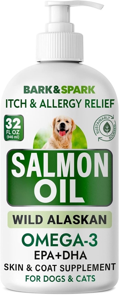 BARK&SPARK Zalmolie voor honden en katten - Natuurlijke Omega-3 Visolie voor honden - Skin & Coat Support - Liquid Food Supplement voor huisdieren - EPA+DHA Vetzuren voor gewrichtsfunctie, immuun- en hartgezondheid 32oz