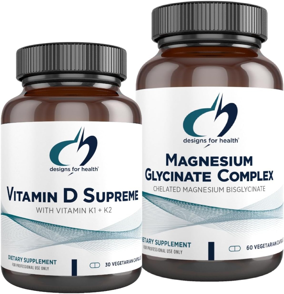 Designs for Designs for Health Magnésium Glycinate Complex (60 Capsules) & Vitamine D Supreme (30 Softgels) - Magnésium à haute absorption avec 5000 UI Vitamine D3 et Vitamine K2 / K1 - Bone, Immune & Mood