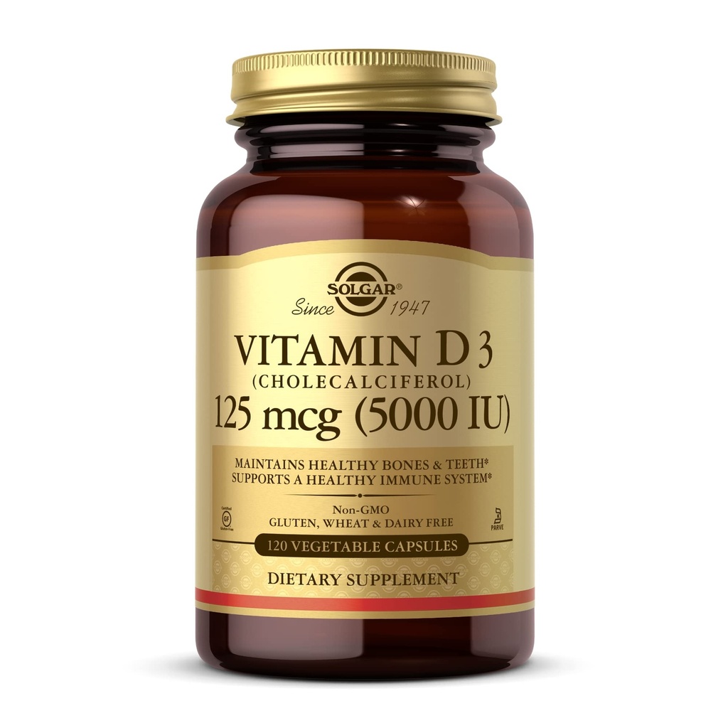 Solgar Vitamine D3 (Cholecalciferol) 125 mcg (5000 IE), 120 plantaardige capsules - helpt gezonde botten en tanden - Immune System Support - Non-GMO, Glutenvrij, Zuivelvrij, Kosjer - 120 porties