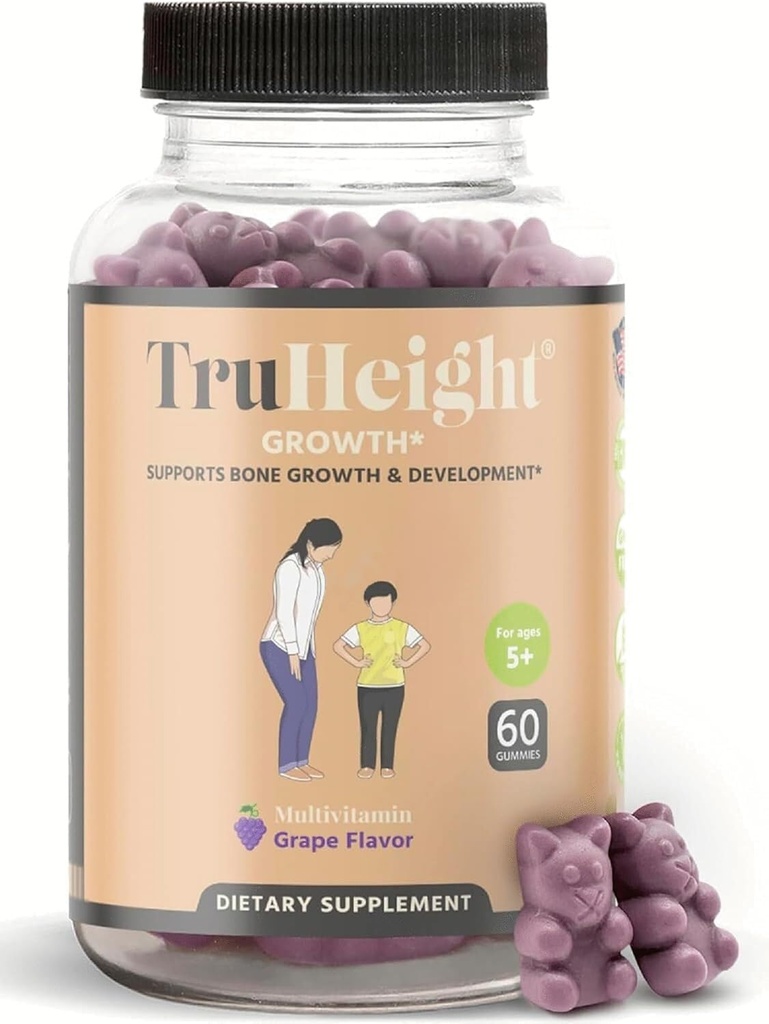 TruHeight Growth Gummies (Grape) Natural Growth & Development Supplement for Kids & Teens - Vitamine D, K, Calcium & Ashwagandha - Bone Strength Vitaminen D3 K2 - Picky Eater Vitamine voor kinderen - Leeftijden 5+