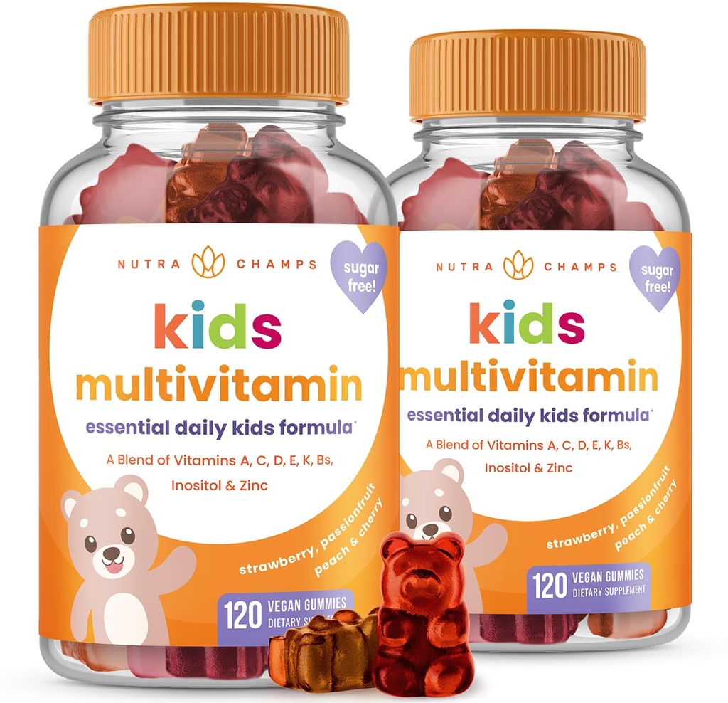 NutraChamps 120 Gummy Vitaminen voor kinderen (pakket van 2), Suikervrije Kids Vitaminen Gummy Multivitamine, Vegan & Non-GMO, Aardbei, Passievruchten, Perzik & Cherry