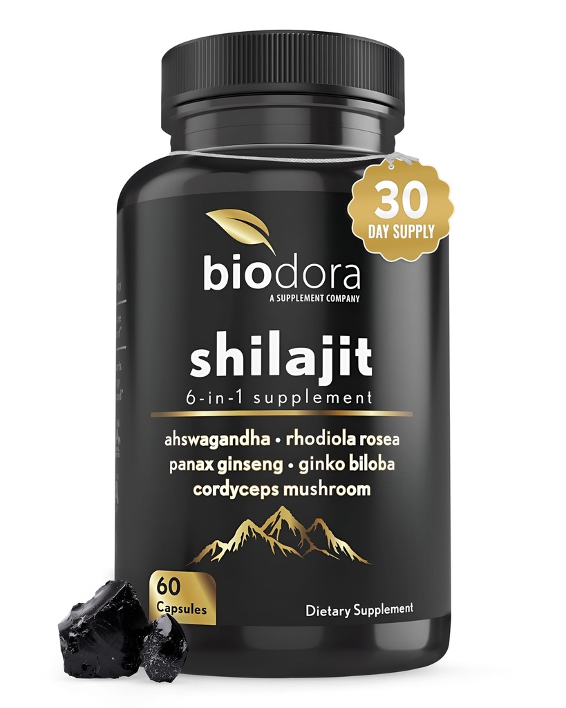 Supplément 6-en-1 Shilajit 300mg, complément de soutien à l'humeur et à l'énergie avec 60mg Pure Ashwagandha, Rhodiola Rosea Panax Ginseng pour le soutien immunitaire, la mémoire et le focus, 85+ Trace Minerals, 60 Capsules