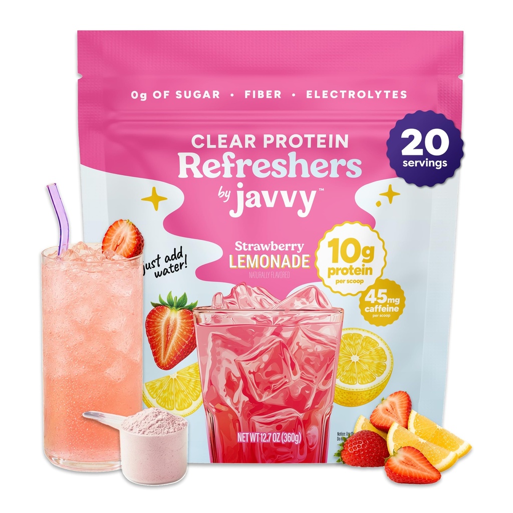 Javvy Clear Protein Powder with Clear Whey Protein, Strawberry Lemonade | 10g Whey Protein & Collagen Peptides, Electrolyte Powder, Natural Flavors, 0g Sugar, 3g Fiber, 45mg Caffeine