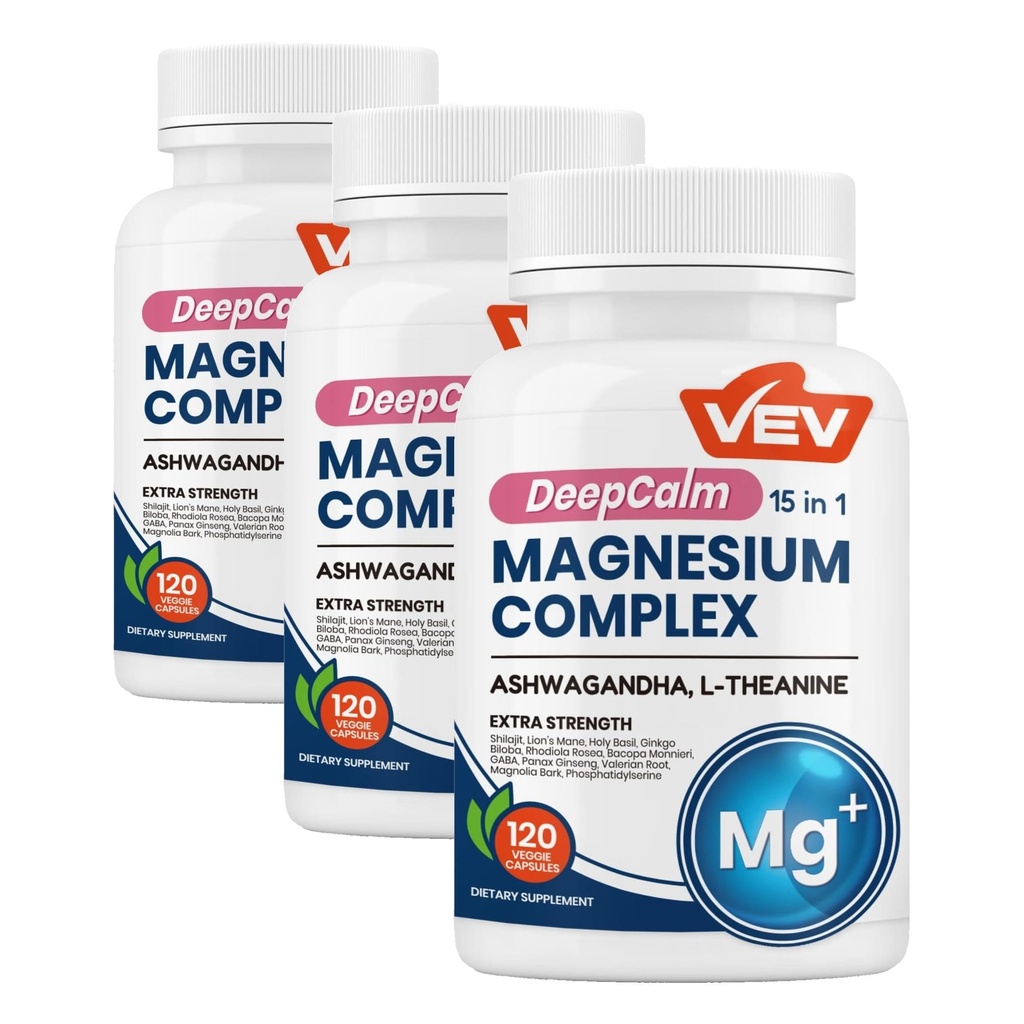 VEV DeepCalm 15-in-1 Magnesium Complex for Women & Men, Magnesium Supplement, Sleep, Glycinate & Citrate Vegan Capsules with Ashwagandha & L-Theanine, 120 Count (Pack of 3)