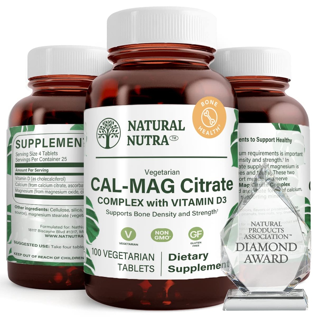 Natuurlijke Nutra Cal-Mag Citrate met vitamine D3,1000/500 mg Complex, Versterk botdichtheid, spier- en nerve gezondheid, helpen behouden gezonde tanden, zeer Biobeschikbaarheid Bronnen, 100 Vegan tabletten