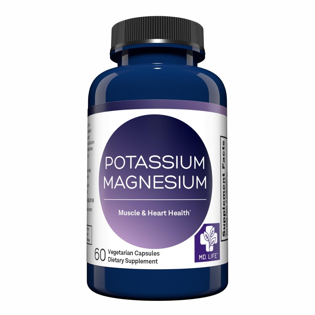 MD. Life Kalium Magnesium Supplement - 60 Capsules - Hoge Absorptie Magnesium Complex - Kalium Supplement ter ondersteuning van vasculaire gezondheid en been kramp