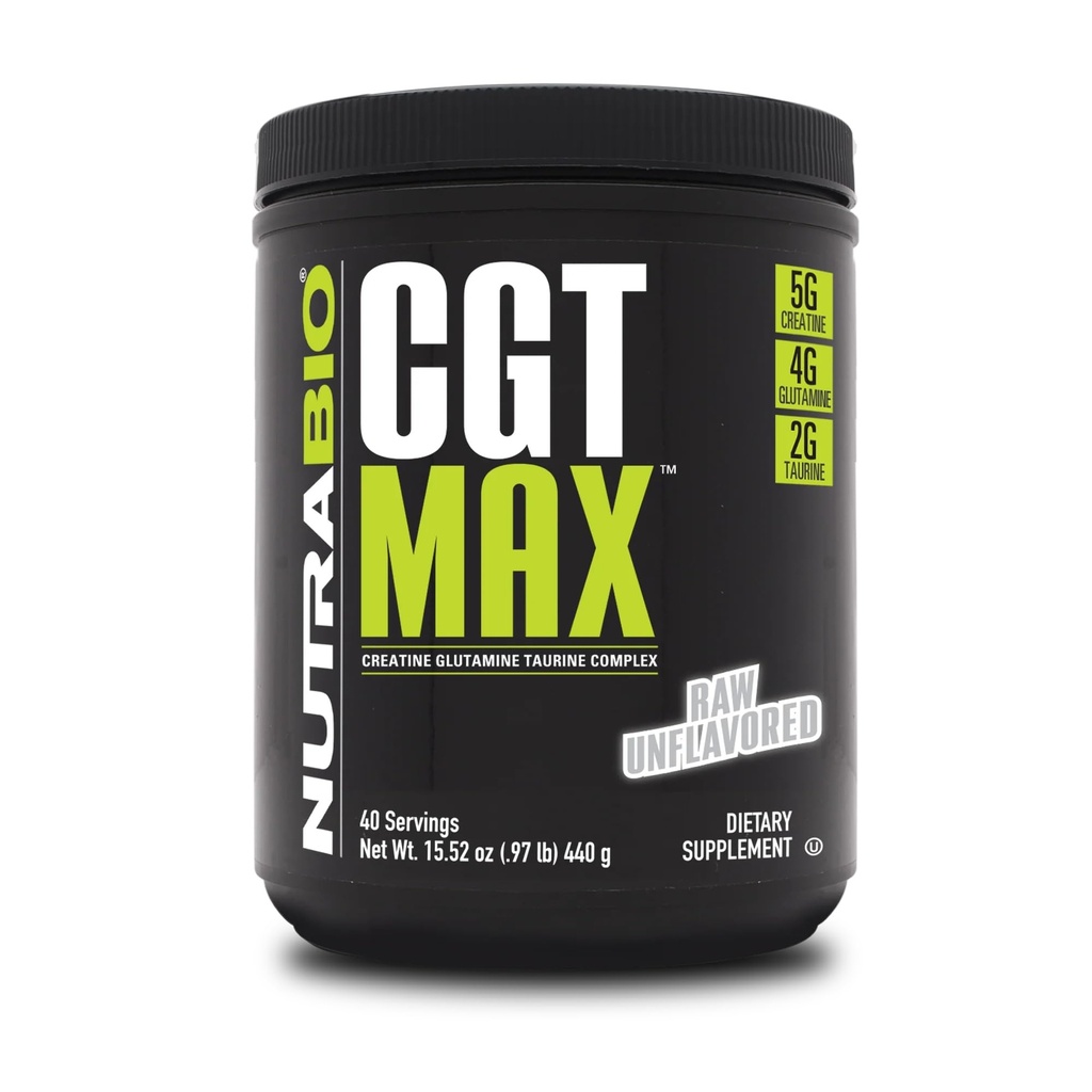 NutraBio CGT-MAX Powder- Creatine, Glutamine en Taurine ter ondersteuning van spierherstel en kracht - 40 porties - Unflavored