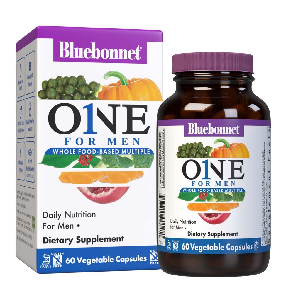 Bluebonnet Nutrition Hommes Une capsule végétale, aliments entiers multiples, K2, biologique, énergie, vitalité, non-OGM, sans gluten, sans soja et sans lait, casher, approvisionnement de 3 mois, 90 comte