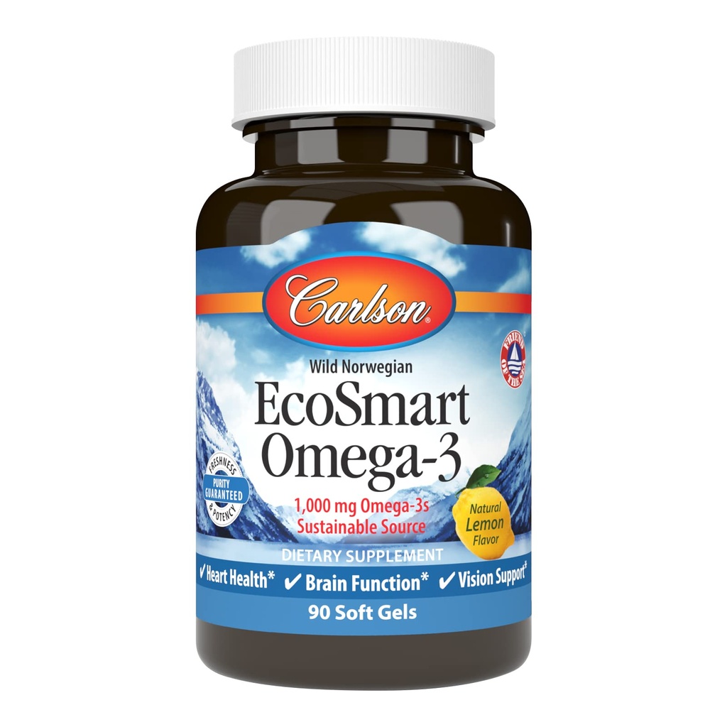 Carlson - EcoSmart Omega-3, Duurzame Bron, Bevordert Hart, Hersenen, Visie & Gezamenlijke Gezondheid, Lemon, 90 zachte gels