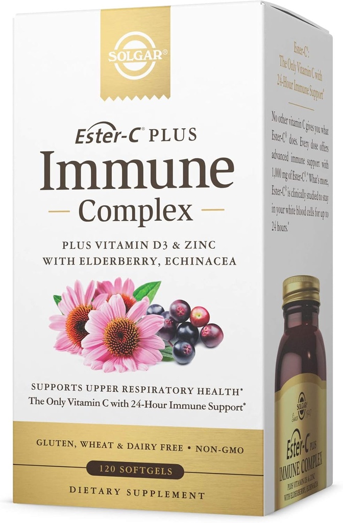 Solgar Ester-C Plus Immune Complex -120 Softgels, 24-uurs Immune Ondersteuning, Ondersteunt Upper Respiratory Health - Plus D3, Zink, Vlierbessen & Echinacea - Non-GMO, Glutenvrij, Melkvrij - 60 Serven,