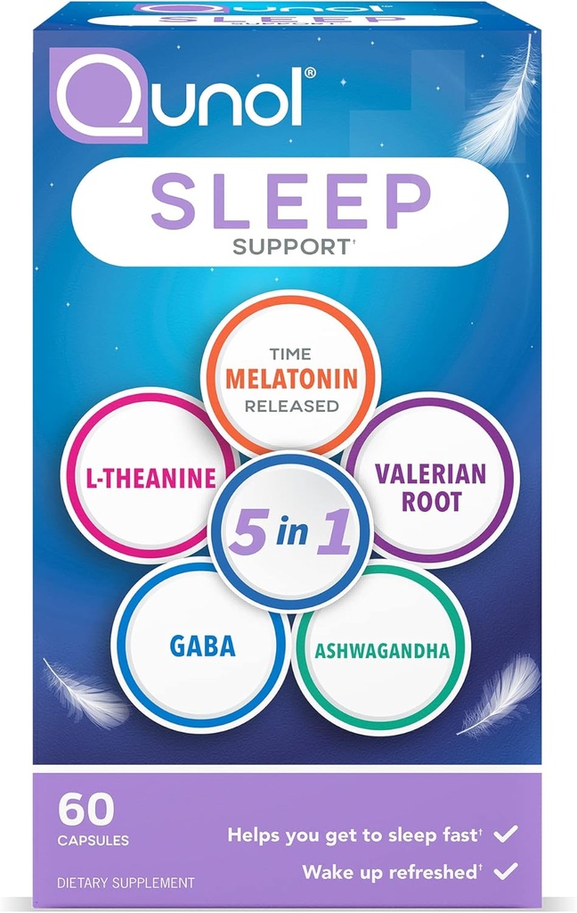 Qunol slaapondersteuning, 5 in 1 niet-habit vormen slaaphulp, supplement met tijd vrijgegeven Melatonine 5 mg, Ashwagandha, GABA, Valeriaan wortel, L-Theanine, 60ct capsules