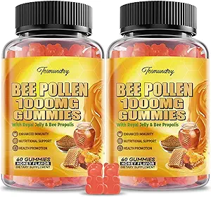 Pollen d'abeille 1000MG Gummies avec 500MG Royal Jelly & Bee Propolis, supplément sans sucre de pollen d'abeille riche en vitamine C & E, végétarien, non-OGM, sans gluten, soutien immunitaire et santé de la peau (120 comte)