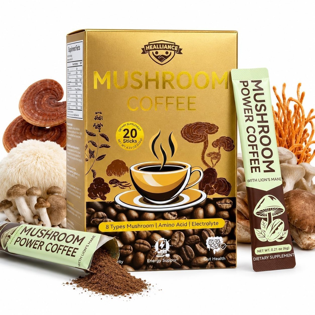 Organic Mushroom Coffee, 20 Sticks Mushroom Instant Coffee with 8 Mushroom Blend, Amino Acid & Electrolyte, Coffee Mushroom Drink for Focus, Energy, Gut Health Support