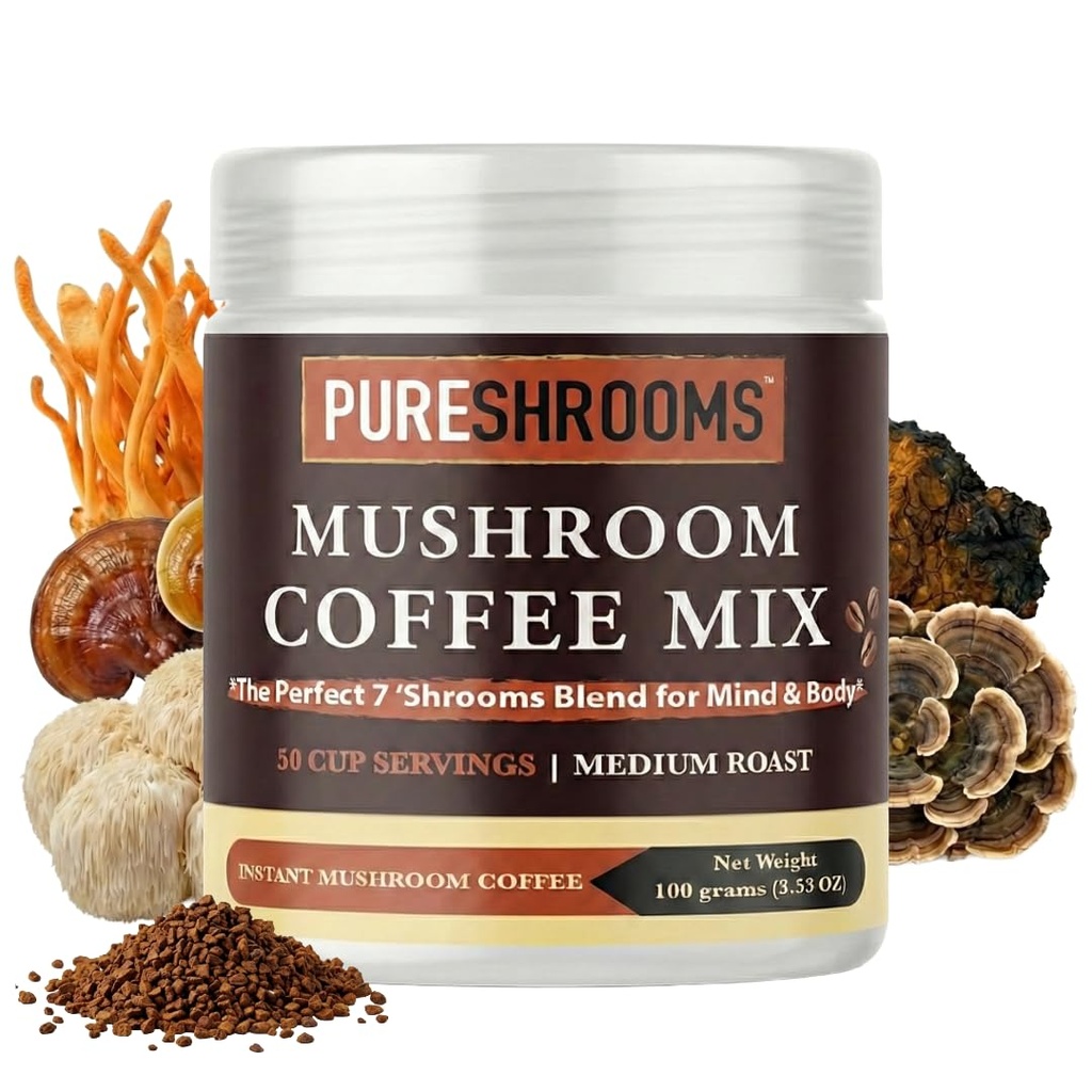 PureShrooms Perfect 7 Mushroom Coffee - Instant Single Origin Arabica with Organic Lion’s Mane, Reishi & Cordyceps - Low Acidity Nootropic Superfood Beverage for Focus & Energy, 50 Servings