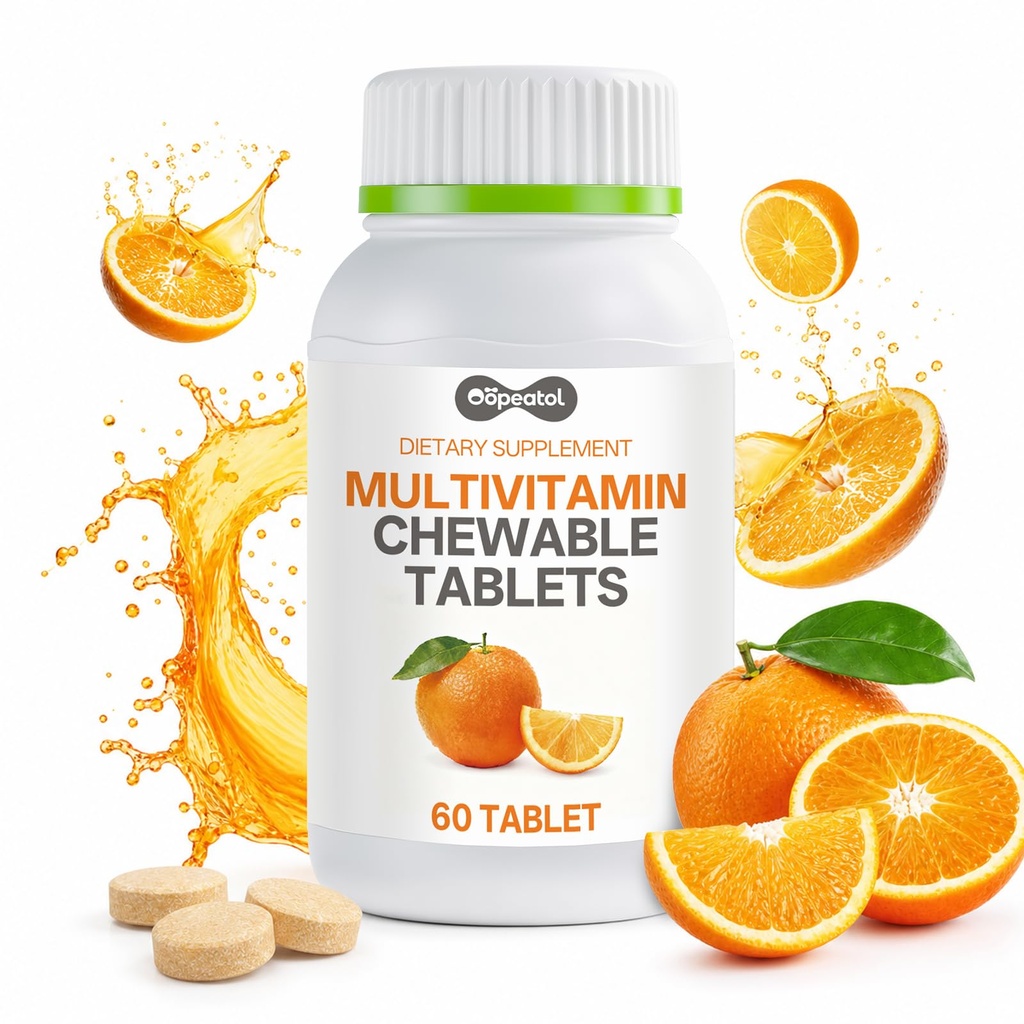 6-in-1 B1/B2/B6/Niacin, D3 & Vitamin C Chewable Multivitamin for Women & Men, Supports Bone Health, Promotes Energy Metabolism, Busy, Active Adults, 60 Tablets, Vegan, Non-GMO, Gluten-Free