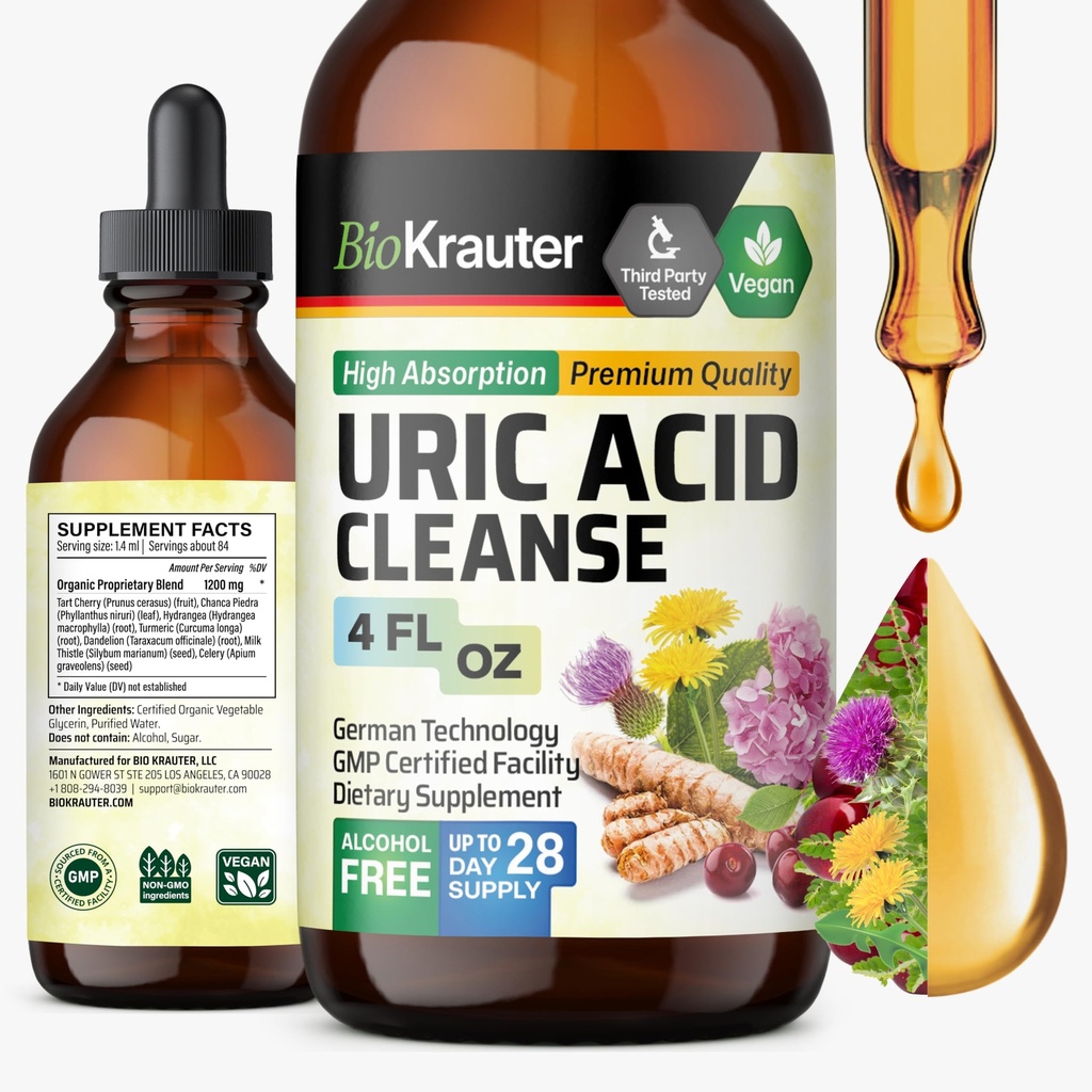 BIO KRAUTER Uric Acid Support Tinctuur - Natuurlijke Nier Supplement w/Tart Cherry, Melkdistel, Kurkuma Kruidenvloeistof Extracten - Vegan Drops 4 Fl.Oz.
