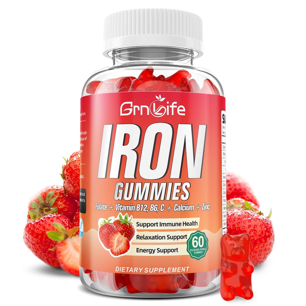 Iron Gummies for Women, Men & Kids, Sugar Free Iron Supplement with Calcium, Zink, Folate & Vitamin B12, C, B6 - for Blood Building & Energy Support, Anemia, Strawberry, 60 Count