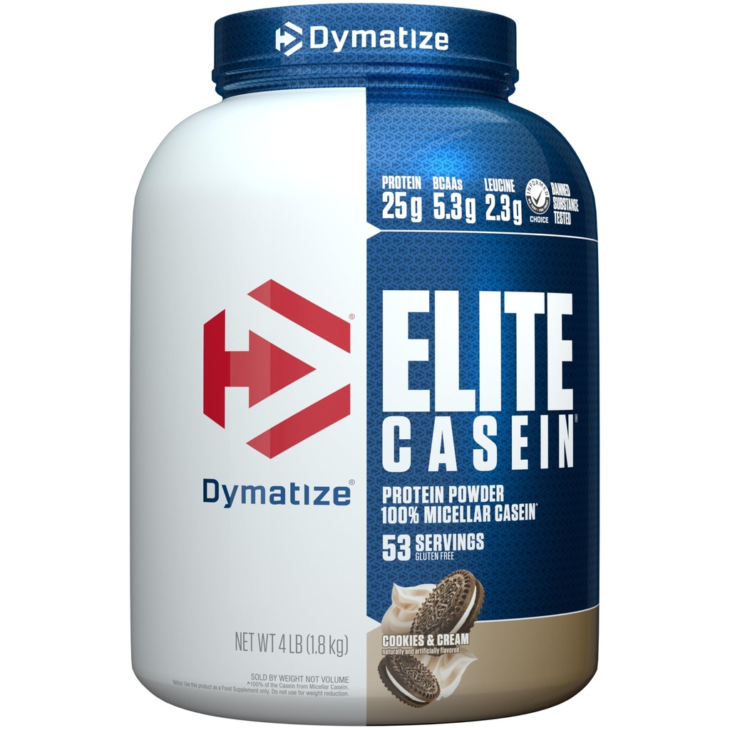 Dymatize Elite Caseïne Proteïne Poeder, Cookies & Cream, 100% Micellar Casein, 25g Proteïne, 5.4g BCAA's, 2.3g Leucine, Slow Absorbing voor Overnight Muscle Recovery, 4 lb (53 Servings)