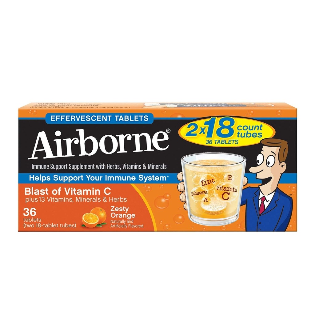 Vitamine C 1000mg (per portie) - Airborne Zesty Orange Bruistabletten (36 tellen in een doos), Glutenvrije Immune Ondersteuning Supplement en hoog in antioxidanten
