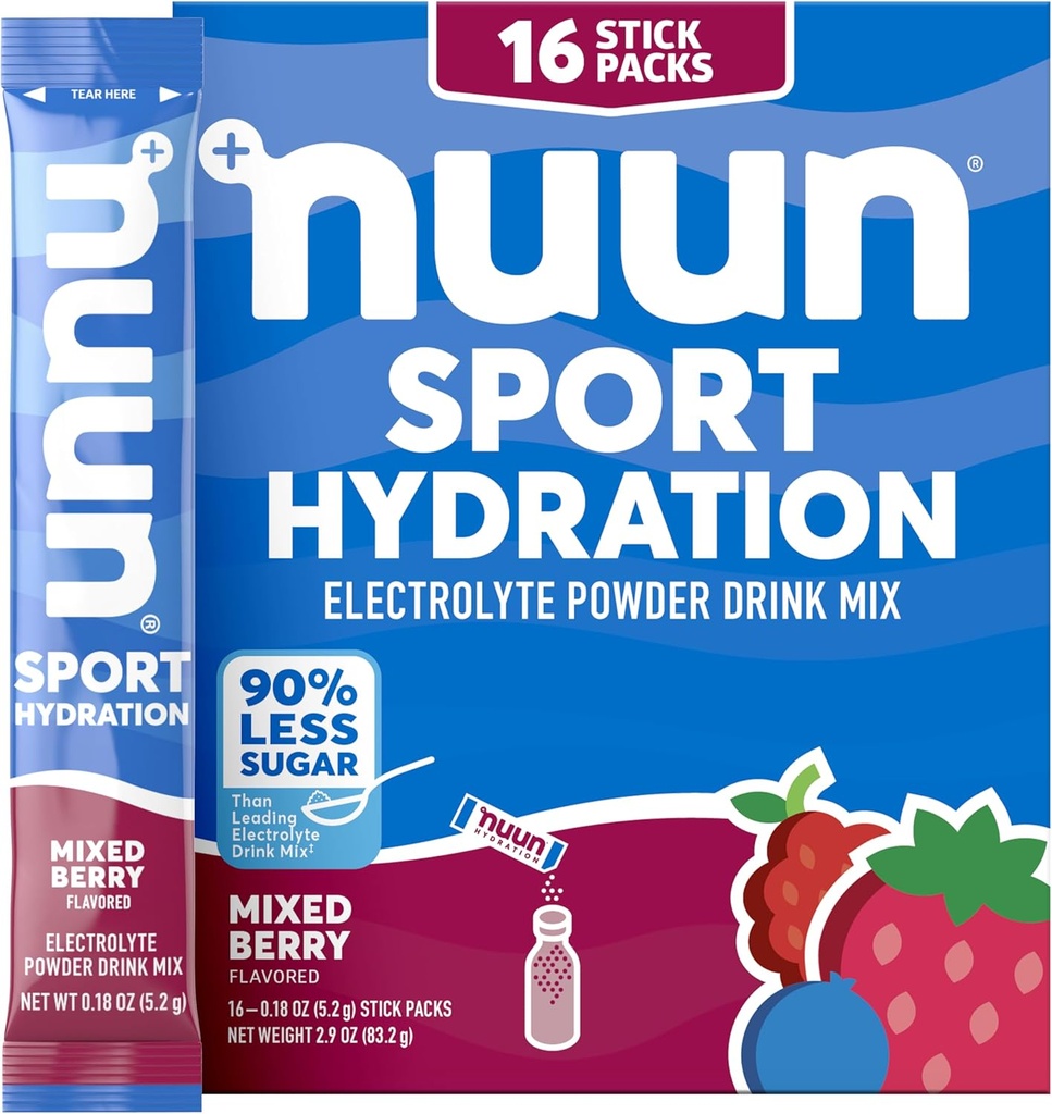 Nuun Sport Electrolyte Powder Packets met Magnesium, Calcium, Kalium, Chloride en Natrium, Hydration Packets voor On-The-Go, Mixed Berry Flavor, Gluten Free & Vegan, 16 Single Servings