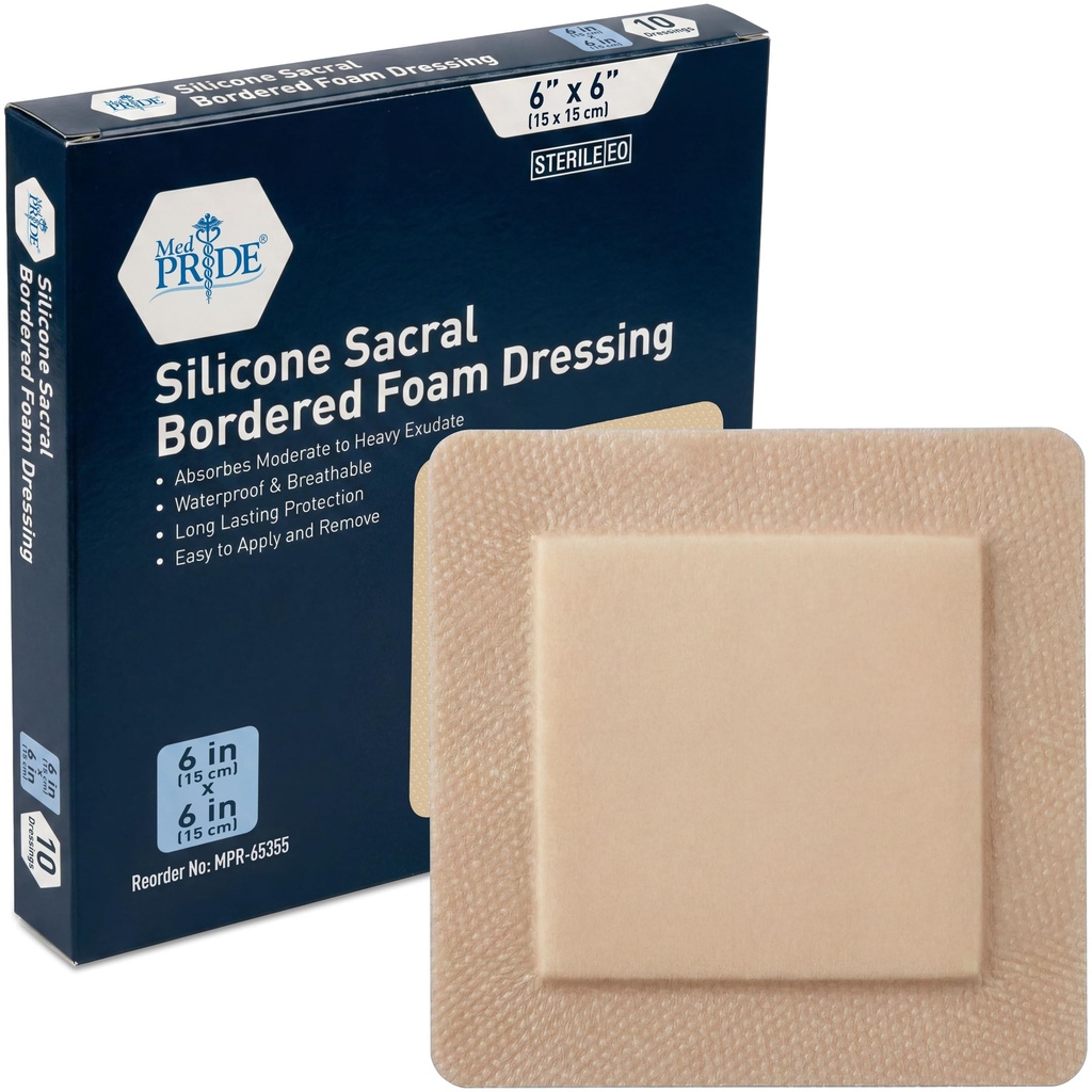 Medpride Adhesive Silicone Bordered Foam Wound Dressing Pads- 6 inches by 6 inches, 10 Pack-Trauma Bandaging for Ulcers, Post Op Wounds, Injuries- Individually Wrapped-Sterile, Pain-Free Removal