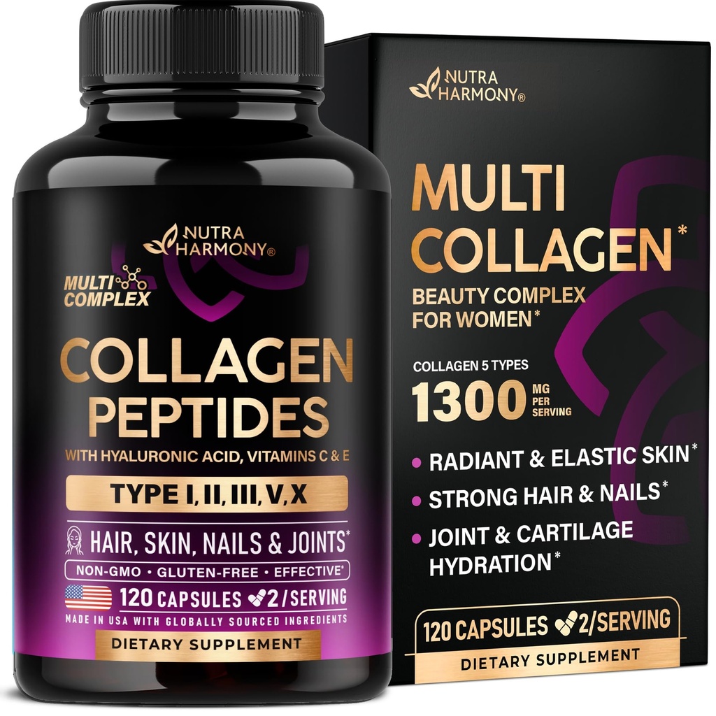 Peptides multicollagènes - Hydrolysés Types I, II, III, V & X - Supplément de collagène pour femmes 1300mg - avec acide hyaluronique, vitamines C & E - peau, cheveux, ongles et soutien articulaire - Fabriqué aux États-Unis, 120 Capsules