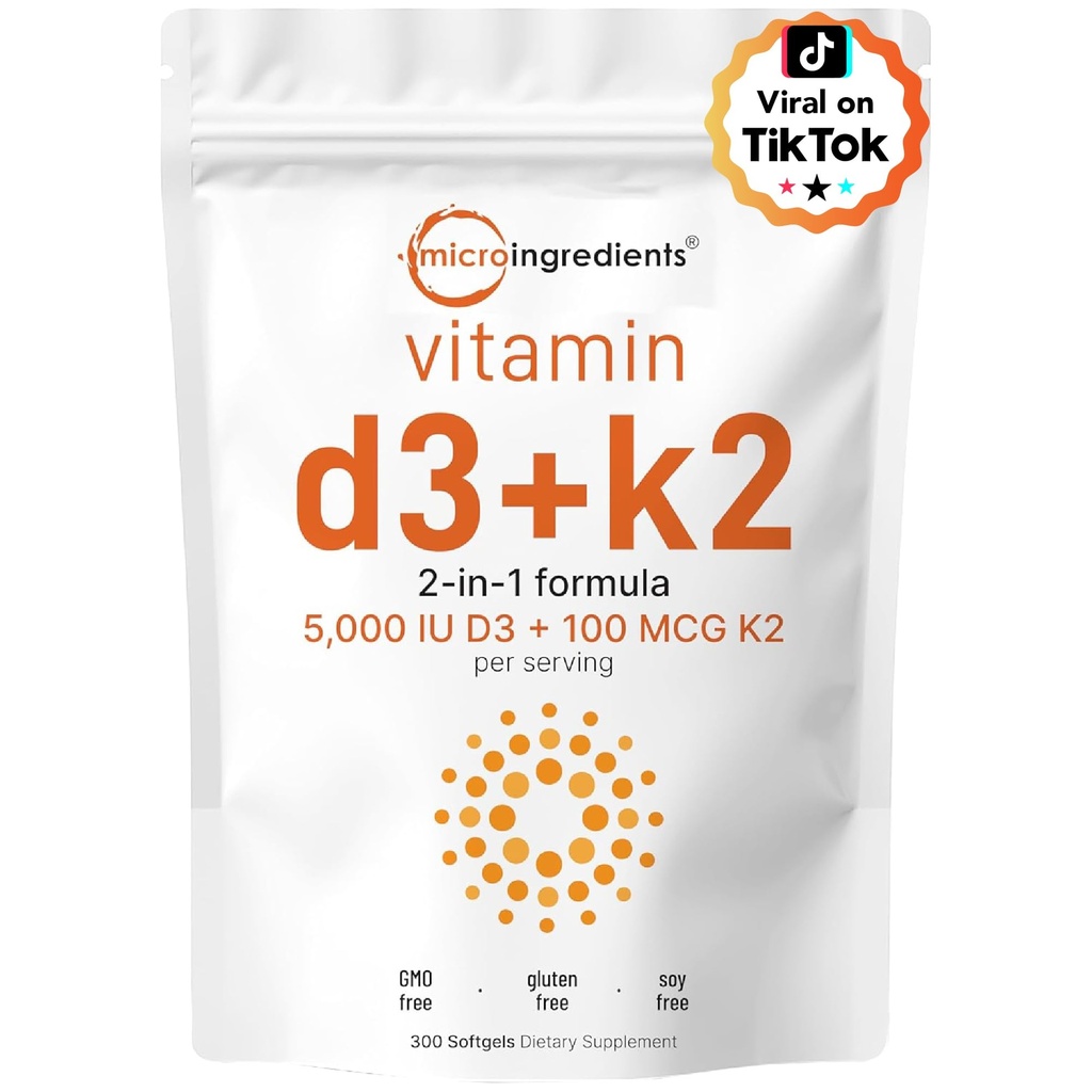 Micro-Ingrediënten Vitamine D3 5.000 IE + K2 MK-7 100 mcg, 300 Softgels 