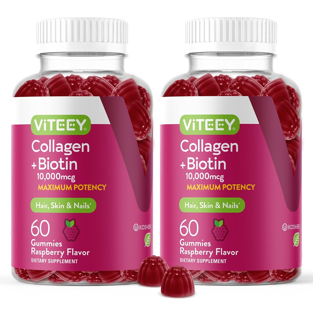 Viteey Collageen Gummies met Biotin Gummies voor haarhuid en Nails Vitaminen - Biotine en Collageen Supplementen voor vrouwen en mannen - Veganistisch, Glutenvrije