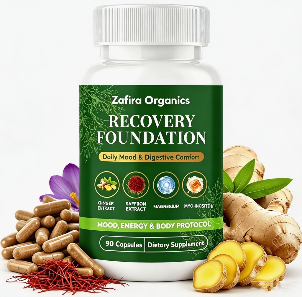 Zafira Organics,Zafira Organics Recovery Foundation,Zafira Organics Saffron Recovery Capsules with Ginger Extract L-Theanine Myo-Inositol,Daily Energy & Mental Clarity,Non-GMO,90 Capsules