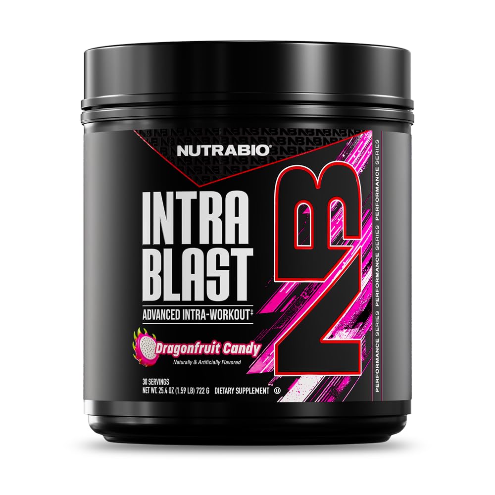 NutraBio intra Blast Bcaa poudre amino supplément, électrolyte et mélange d'hydratation, intra, préentraînement et récupération musculaire, 20g Eaa Amino acides poudre, 5g Glutamine- Dragonfruit Candy, 30 Servir