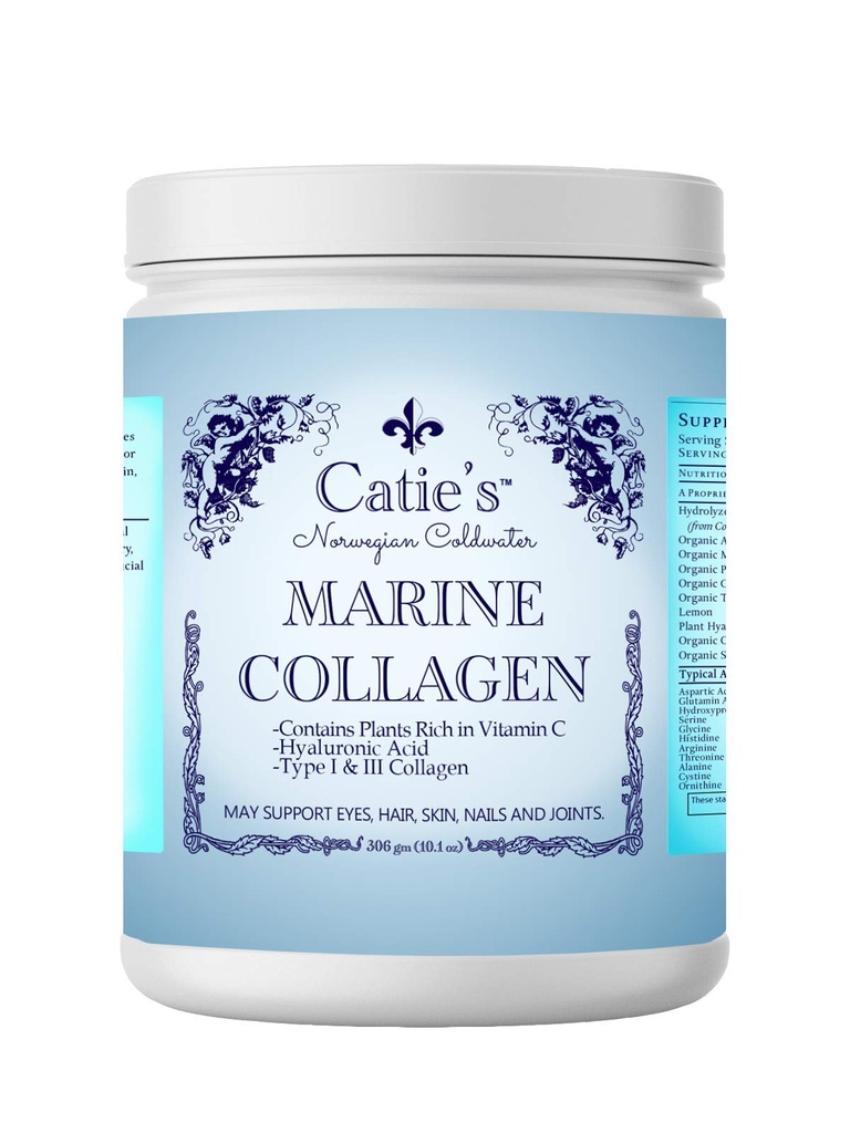 Catie's Marine Collagen- Premium Wild Caught Collagen (Type 1 & 3) from Cold Water Nordic Cod w/Plant Based Vitamin C, Hyaluronic Acid + Herbs! Non GMO. 30 Day Supply.